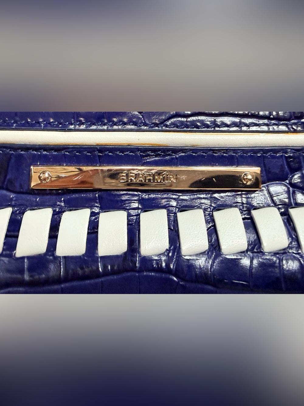 Brahmin Royal Blue Croc-Embossed Shoulder Tote with Ivory Accents - Picture 3 of 5